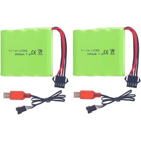 Fytoo 2PCS 7.4V 1000mah SM-4P Plug Rechargeable Battery with USB Charging Cable for DE36W DE65 NO.1809 RC Toy Car Model Off-Road Car Climbing Drift Racing Battery