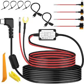 XMSJSIY Dash Cam Hardwire Kit USB Type-C Adapter Micro USB/Mini USB Hardwire Kit Car Dash Cam Charger Power Cord 12V-24V to 5V with 4 Fuse Tap Cable and Tool for GPS Navigator Radar Detector - 3.5M