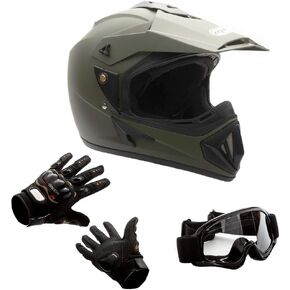 MMG 30 Combo Adult Motorcycle Off Road Helmet DOT - MX ATV Dirt Bike Motocross UTV. Medium, Military Green with Riding Gloves and Goggles