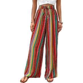 Verdusa Women's Elastic High Waist Boho Stripe Print Loose Wide Leg Pants