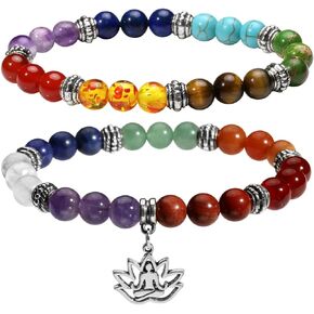 Eigso 7 Chakra Womens Reiki Healing Meditation Crystal Stone Stretch Bracelet with Lotus/Yoga/Tree/OM Symbol Sign