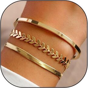 3 Pieces 14K Gold Bracelet Set, Flat Snake Bone Herringbone Smooth Surface Bangle Bracelets, Stackable Statement Jewelry Gifts for Women Teen Girls