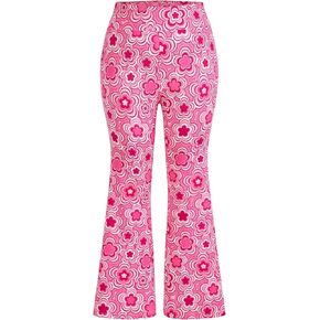 OYOANGLE Women's Plus Size Floral Print High Waisted Flared Leg Pants Bell Bottom Rave Trousers