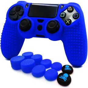 Anti-Slip Silicone with Dots on Hand Grip Skin Set, Protect for PlaySation 4 Controller (Alias Wireless DualShock 4), which 1pcs Blue Controller Skin + 8pcs Thumb Grip Caps