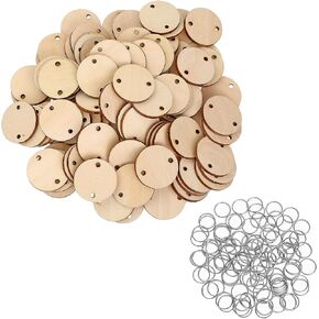 Bememo 100 Pieces Round Wooden Discs with Holes Birthday Board Tags and 100 Pieces 15 mm Rings for Arts and Crafts (3CM)