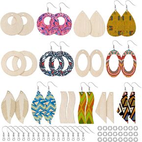 Hicarer 210 Pcs Unfinished Wooden Earrings Blanks Natural Wood Pendants Dangle Earrings Boho Wood Charms with 70 Pcs Earring Hooks and Jump Rings for Women Spring Summer DIY Gifts, 7 Styles