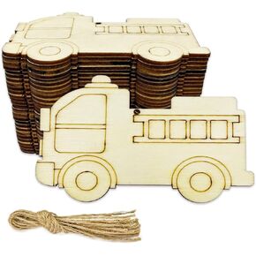 30pcs Unfinished Fire Truck Wood DIY Crafts Cutouts Wooden Fire Truck Shaped Hanging Ornaments with Hole Hemp Ropes Gift Tags