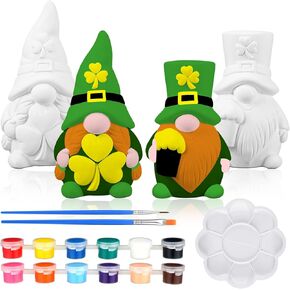Poen 2 Pack Ready to Paint Your Own St. Patrick's Day Gnomes Statues, 4 Inches Mini Ceramics to Paint Unpainted Lucky Gnomes Tiered Tray Decor Crafts DIY Arts for Home Table Decorations (Lucky Style)