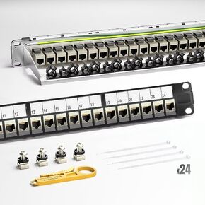 AMPCOM CAT6 Keystone Patch Panel 24-Port 1U with 10G Shielded Ethernet Inline Coupler - 19 Inch Rackmount &Wall Mount with Rear Support Bar