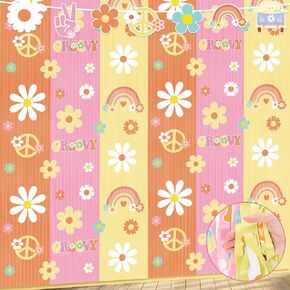 2 Packs Hippie Boho Foil Fringe Curtain 3.3 x 6.6 ft Two Groovy Fringe Backdrop Colorful Retro Daisy Tinsel Streamers for Boho Hippie Groovy Retro Themed Birthday Party Decoration