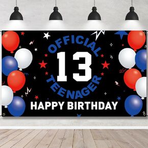 Happy 13th Birthday Decoration for Boys Girls, Fabric 13th Birthday Backdrop Banner, Official Teenager 13 Year Old Birthday Party Yard Sign, Photo Booth Props Decor, Blue White Red
