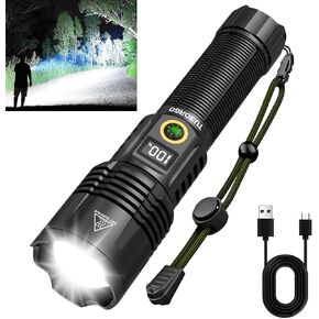 Rechargeable Flashlights High lumens, 900000LM Super Bright LED Tactical Flashlight, Zoomable, IPX6 Waterproof, 6 Modes, Powerful Handheld Flash Light for Emergencies, Camping, Hiking