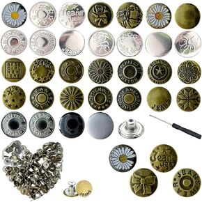 108PCS Jeans Buttons Pins with Screwdriver, 17mm No-Sew Replacement Buttons for Jeans Pants Denim Clothing, Jean Buttons for Loose Jeans, Button for Jeans, Removable Instant Metal Buttons