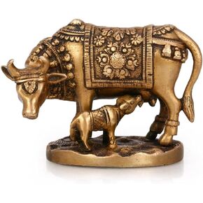 Purpledip Brass Statue Kamdhenu Cow & Calf: Collectible Idol (10014)