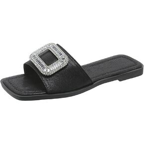 Women's Rhinestone Sequins Flat Slides Sandals Fashion Non-Slip Square Toe Slip On Summer Walking Slippers for Outdoor Beach Work Wedding Party