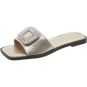 Women's Rhinestone Sequins Flat Slides Sandals Fashion Non-Slip Square Toe Slip On Summer Walking Slippers for Outdoor Beach Work Wedding Party