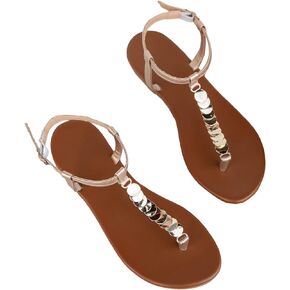 GORGLITTER Women's T Strap Thong Sandals Glitter Spakly Strappy Flat Sandals with Ankle Strap