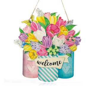 Welcome Spring Flowers Door Sign Wood Sign Spring Front Door Decor Spring Wood Hanging Door Sign Outdoor Wooden Front Door Sign for Farmhouse Porch Front Door Decoration