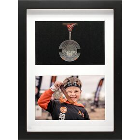Single Medal Display Shadow Box Frame for Medal & Photo, Triathlon and Marathon Finishing Medal & Photo Framing Kit, Medals Display Case for Runners Soccer Gymnastics All Sports (Black, A4)