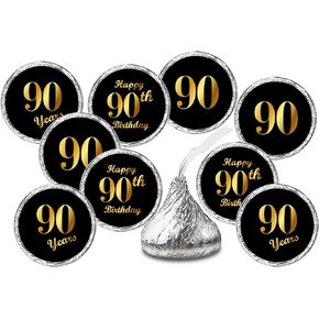 90th Birthday Black Kisses Stickers, (Set of 216) Chocolate Drops Labels Stickers for 90 Birthday, Party Favors Decor for Kisses. Made in USA,
