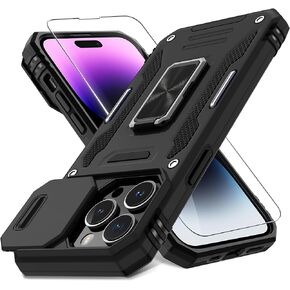 DEERLAMN Case for iPhone 14 Pro Max with Slide Camera Cover+Screen Protector(1 Pack),Rotated Ring Kickstand Military Grade Shockproof Protective Cover 6.7 Inch-Black