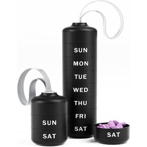 Cute Pill Organizer, Cute Weekly Pill Box for Travel, Cute Daily Pill Case 7 Day, with 7 Large Stackable Compartments, Sturdy ABS Pill Holder for Vitamin Supplement Medicine (Black)