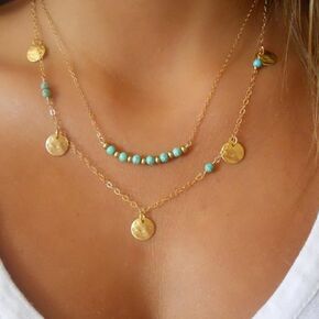 Layered Turquoise Pendant Necklace Gold Sequin Chain Necklace Blue Beads Choker Necklace Turquoise Disc Necklace Chain Jewelry for Women and Girls