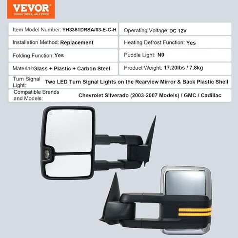 VEVOR Towing Mirrors, Left & Right Pair Set for Chevrolet Silverado (2003-2007)/GMC/Cadillac, Power Heated Tow Mirror with Signal Light, Manual Controlling Telescoping Folding, Heating Defrost, Silver in Saudi Arabia