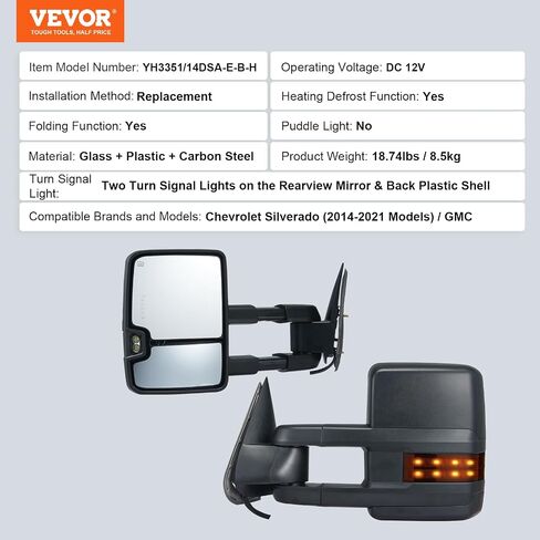 VEVOR Towing Mirrors, Left & Right Pair Set for Chevrolet Silverado (2003-2007)/GMC/Cadillac, Power Heated Tow Mirror with Signal Light, Manual Controlling Telescoping Folding, Heating Defrost, Silver in Saudi Arabia