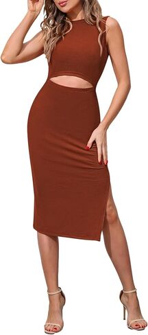 TOLENY Women's Midi Bodycon Dress Casual Crew Neck Regular Fitted Summer Cutout Dress in Saudi Arabia