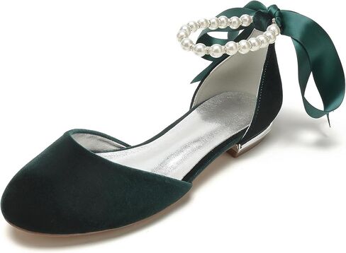 Women's Velvet Pumps Ankle Strap Closed Toe Flats with Pearls Wedding Comfort Low Heel Evening Dress Work Shoes in Saudi Arabia