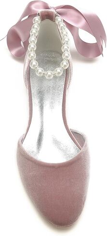 Women's Velvet Pumps Ankle Strap Closed Toe Flats with Pearls Wedding Comfort Low Heel Evening Dress Work Shoes in Saudi Arabia