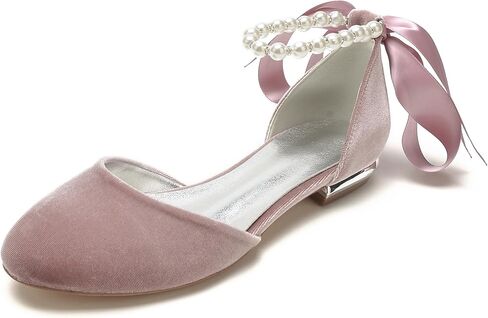 Women's Velvet Pumps Ankle Strap Closed Toe Flats with Pearls Wedding Comfort Low Heel Evening Dress Work Shoes in Saudi Arabia