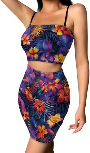 Casual Women's 2 Piece Outfits Dresses Cami Crop Top Ruched Mini Bodycon Skirt Sleeveless Pencil Dresses in Kuwait