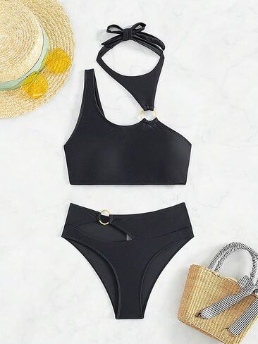 WDIRARA Women's Cut Out Ring Swimsuit Halter Asymmetrical Bikini Hipsters 2 Piece Bathing Suits in Saudi Arabia