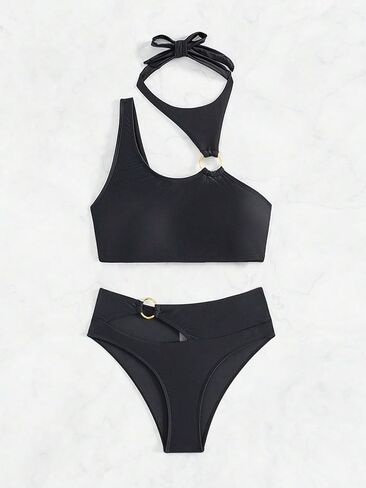 WDIRARA Women's Cut Out Ring Swimsuit Halter Asymmetrical Bikini Hipsters 2 Piece Bathing Suits in Saudi Arabia