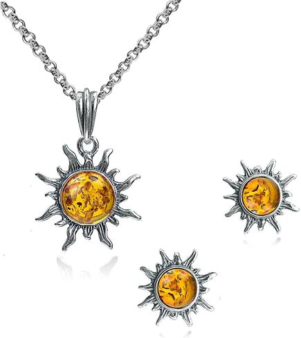 Amber Sterling Silver Stud Sun Earrings Pendant Necklace Set Chain 18 Inches in Kuwait