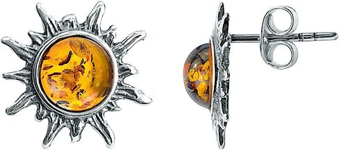 Amber Sterling Silver Stud Sun Earrings Pendant Necklace Set Chain 18 Inches in Kuwait
