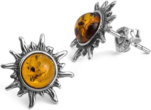 Amber Sterling Silver Stud Sun Earrings Pendant Necklace Set Chain 18 Inches in Kuwait