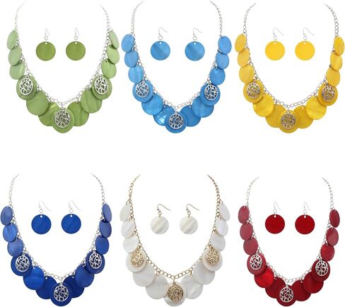 Statement Shell Disc Beaded Necklace Big Chunky 18" Necklace and Earrings Set for Women Holiday in Kuwait