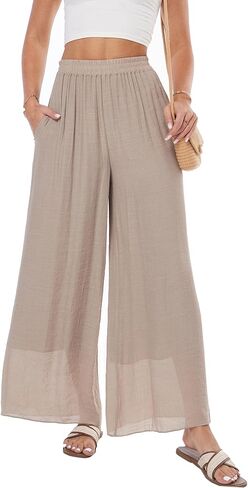 heipeiwa Women's Summer Linen Pants Double Layers Casual Wide Leg Palazzo Pants Beach Dress Loose Linen Culottes Pant in Kuwait