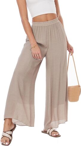 heipeiwa Women's Summer Linen Pants Double Layers Casual Wide Leg Palazzo Pants Beach Dress Loose Linen Culottes Pant in Kuwait
