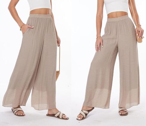 heipeiwa Women's Summer Linen Pants Double Layers Casual Wide Leg Palazzo Pants Beach Dress Loose Linen Culottes Pant in Kuwait