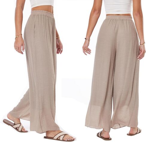 heipeiwa Women's Summer Linen Pants Double Layers Casual Wide Leg Palazzo Pants Beach Dress Loose Linen Culottes Pant in Kuwait