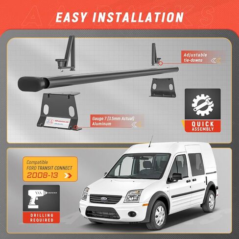 نموذج AA-Racks ADX32-TR متوافق مع Ford Transit Connect 2008-13 ألومنيوم 2 بار (60 بوصة) نظام رف السقف لشاحنة الحفر مع سدادة سلم أبيض لامع in Kuwait