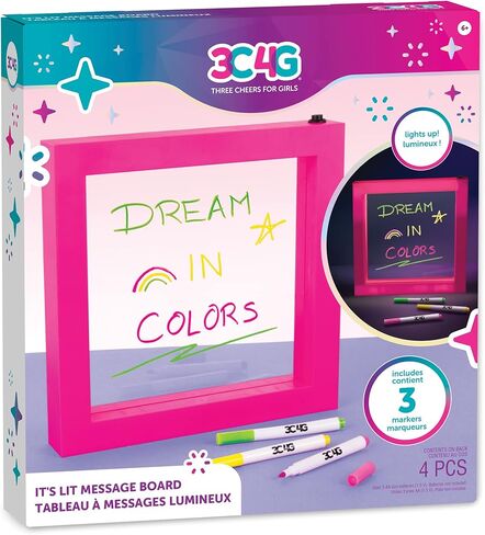 ثلاثة هتافات للفتيات - إنها مضاءة! لوحة رسائل مضيئة - لوحة رسائل LED مع علامات مسح جافة - لافتة رسائل مضيئة باللون الوردي مقاس 9 × 9 بوصة للفتيات والمراهقين والمراهقين - 1 لوحة مضيئة و3 علامات نيون in Kuwait