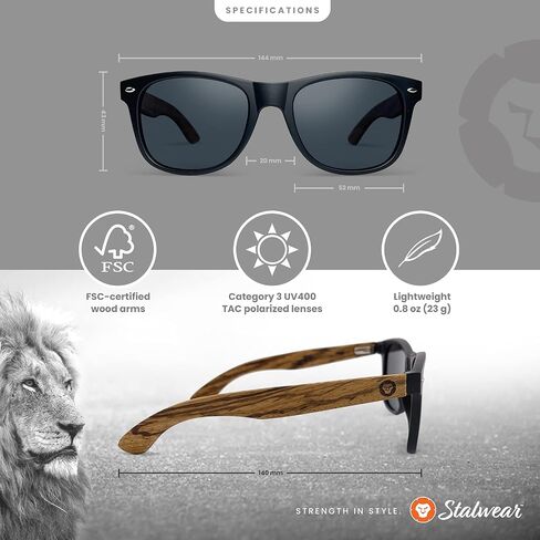 Lightweight Zebra Wood Sunglasses for Men and Women | Matte Black Frame and Real Wood Arms | Grey Polarized Lenses with 100% UVA and UVB Ray Protection in Saudi Arabia