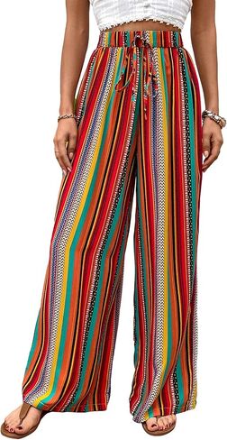 Verdusa Women's Elastic High Waist Boho Stripe Print Loose Wide Leg Pants in Kuwait