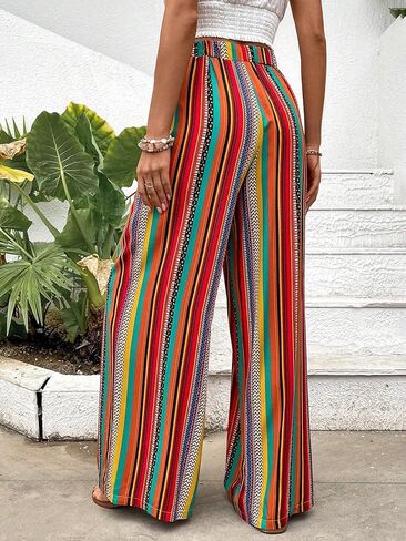 Verdusa Women's Elastic High Waist Boho Stripe Print Loose Wide Leg Pants in Kuwait