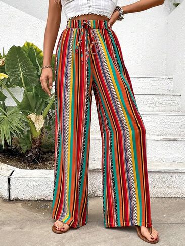 Verdusa Women's Elastic High Waist Boho Stripe Print Loose Wide Leg Pants in Kuwait
